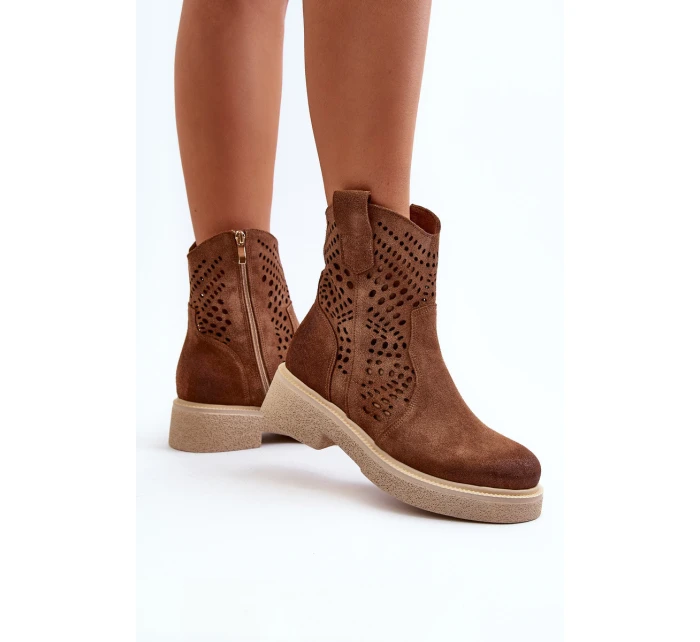 Zazoo 3470 Zamszowe Botki Damskie Na Płaskim Obcasie Ażurowe Brązowe