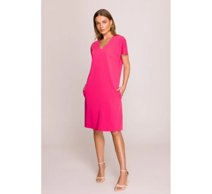 model 20966038 Šaty uvolněného střihu s výstřihem do V růžové - STYLOVE