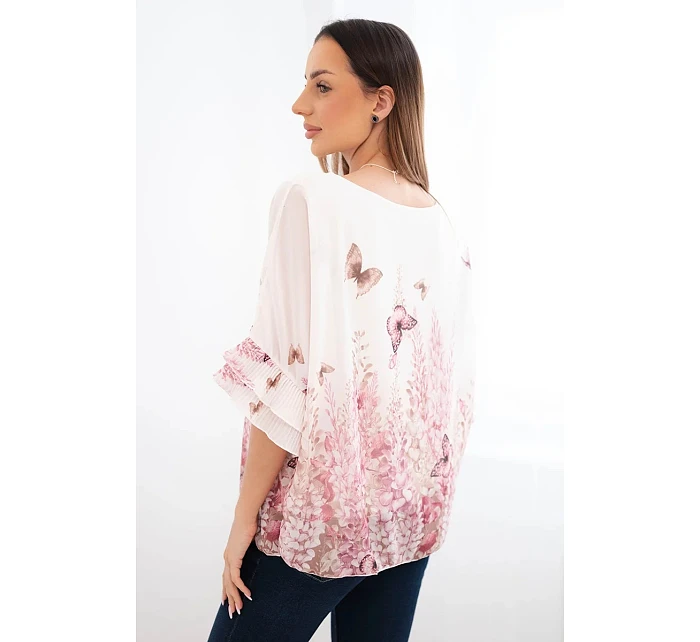 Dámska blúzka s plisovanými rukávmi a ružovou potlačou
