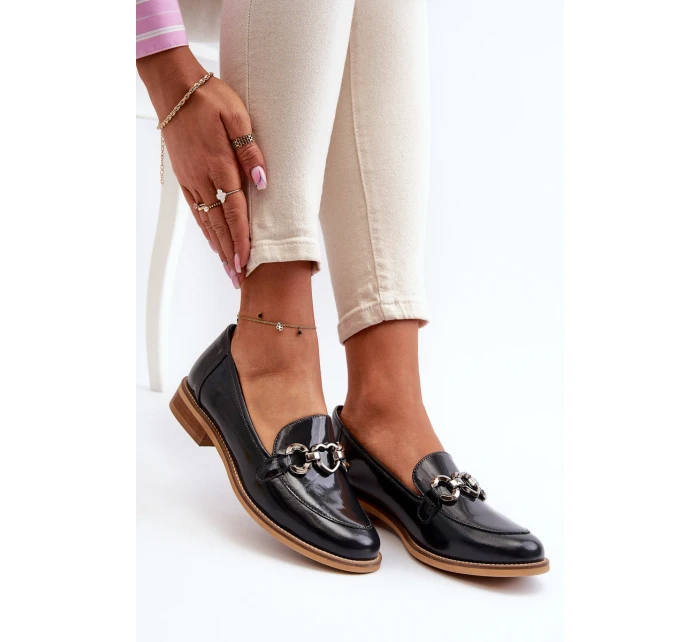 Skórzane Damskie Lakierowane Mokasyny Laura Messi 2760 Granatowe