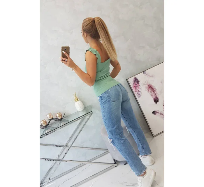 Blúzka s volánikmi bez ramienok tmavá mätová Blúzka s volánikmi bez ramienok tmavá mätová