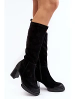 Zamszowe Kozaki Damskie Na Słupku Przed Kolano Lemar Czarne Ceraxa