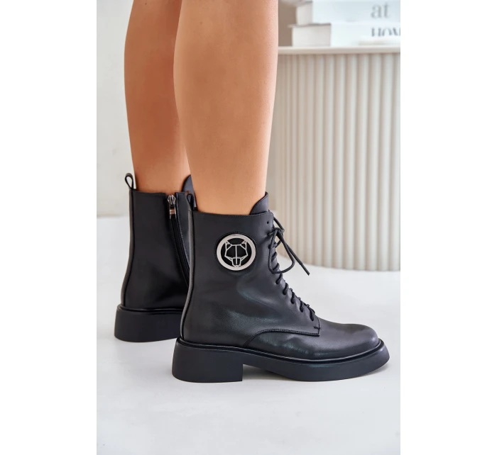 Skórzane Botki Workery Ocieplane Na Zamek Z Ozdobą Czarne Lorevine