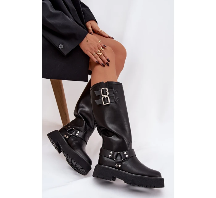 Kožené dámské kozačky s přezkami zateplené Big Star model 21758949 černé - Big Star Shoes