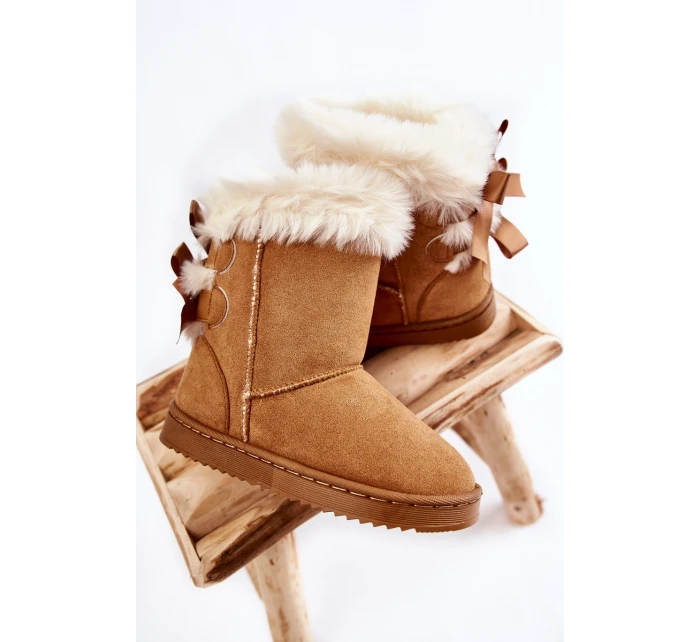 Dziecięce Ocieplane Botki Z Kokardkami Śniegowce Beżowe Funky