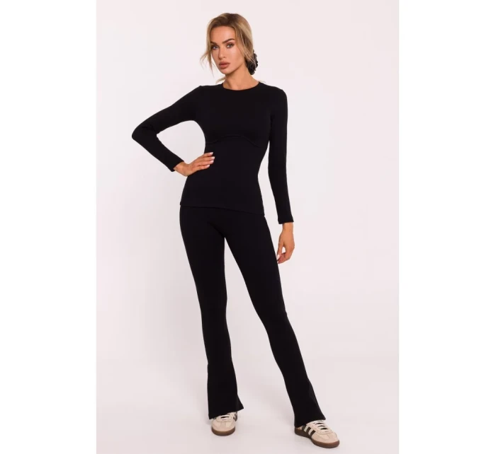 M817 Rebrovaný korzetový top s dlhými rukávmi - čierny