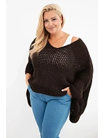 Dámský svetr model 22293694 oversize s výstřihem do V a delším zadním hnědý - K-Fashion