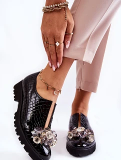 Eleganckie Lakierowane Półbuty Z Ozdobą Krokodyl Czarne Cindy
