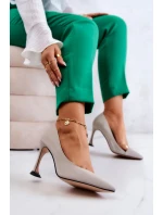 Modne Skórzane Szpilki Jasnoszare Tamira