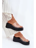 Klapki Damskie Z Transparentnym Paskiem Na Koturnie Czarne Meltiana