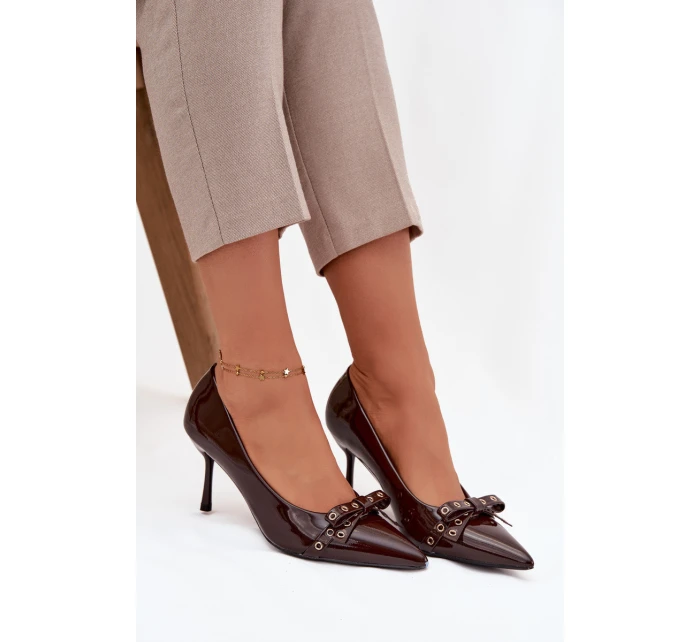 Lakované lodičky s mašlí čokoládové model 21757614 - Boto