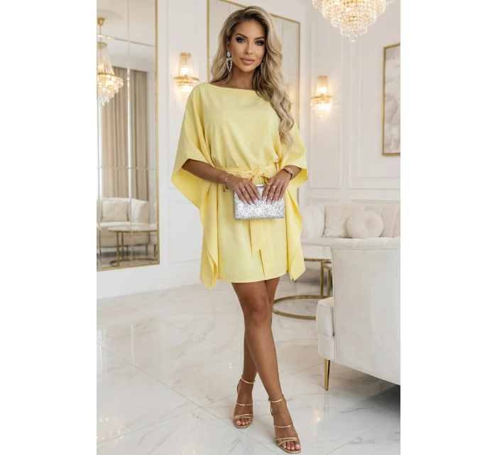 287-41 SOFIA Motýlie šaty so zaväzovaním v páse - pastelový citrón