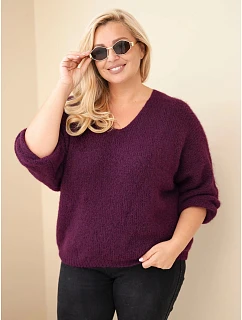 Dámský svetr Plus Size s výstřihem do V a širokým rukávem fialová tmavá