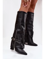 Dámské kozačky na klínku s ozdobným páskem eko kůže černé model 21708879 - Boto