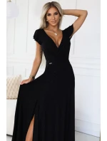 411-12 CRYSTAL lesklé dlhé šaty s výstrihom - BLACK 411-12 CRYSTAL lesklé dlhé šaty s výstrihom - BLACK