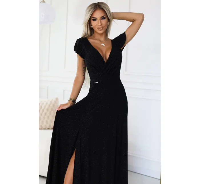411-12 CRYSTAL lesklé dlhé šaty s výstrihom - BLACK 411-12 CRYSTAL lesklé dlhé šaty s výstrihom - BLACK