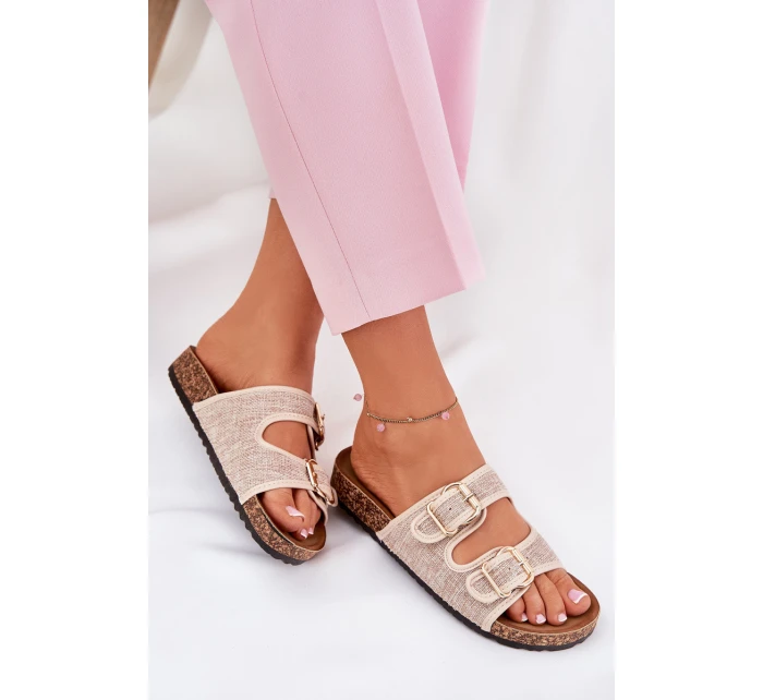 Materiałowe Klapki Damskie Na Korkowej Platformie Z Klamrami Beżowe Osoffe Materiałowe Klapki Damskie Na Korkowej Platformie Z Klamrami Beżowe Osoffe