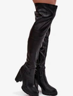 Dámske čižmy nad kolená Tahlina na stĺpiku z ekokože - čierne