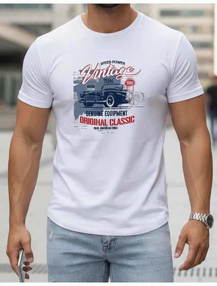 Pánske tričko VINTAGE CAR s potlačou FashionStreet white NX5082R