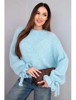 Dámský svetr s přídavkem s vzorem a ozdobnými rukávy modrý model 21857669 - K-Fashion