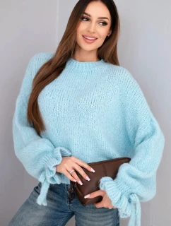 Dámsky mohérový sveter s hrubým vzorom a ozdobnými rukávmi modrý