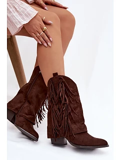 Dámské kožené boty s třásněmi na podpatku čokoládové model 21821877 - Boto
