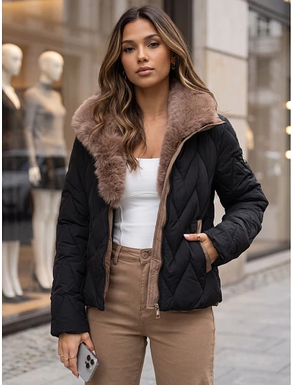 Dámská zimní prošívaná bunda s odnímatelným límcem, černá, FashionStreet TY6083 Dámská zimní prošívaná bunda s odnímatelným límcem, černá, FashionStreet TY6083