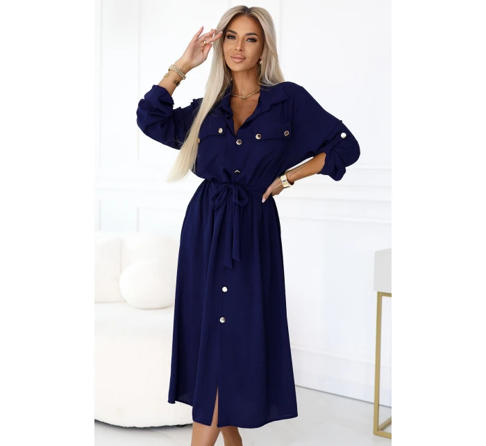 model 21208909 Midi košilka se zlatými knoflíky a vázáním ZELENÁ - numoco basic