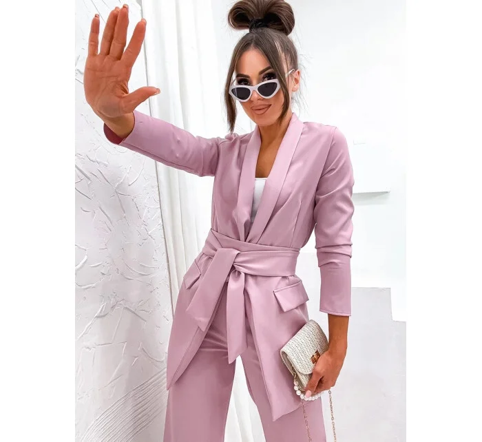 Dámska súprava v púdrovo ružovej farbe - voľné sako a široké nohavice (8167)