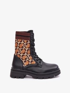 Dámske členkové čižmy Workery s leopardou ponožkou čierne Penthis