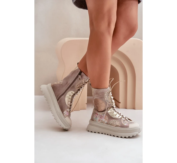 Skórzane Zamszowe Botki Na Platformie Ocieplane Maciejka 06565-04 Beżowe