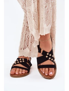 Sandały Damskie Na Płaskim Obcasie Ze Złotymi Ćwiekami Czarne Zanira