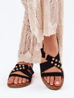 Dámské sandály na plochém podpatku se zlatými hroty černé model 21702314 - Boto