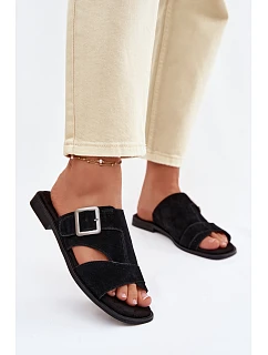 Semišové dámské nazouváky na nízkém podpatku s přezkou Big Star TT274477 Černé