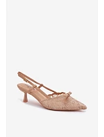 Dámské krajkové sandály na podpatku s mašlí Béžové model 22107303 - Boto