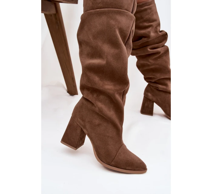 Dámske zateplené čižmy na podpätku Zazoo - svetlohnedé, pravý semiš