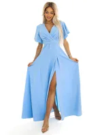 dlouhé šaty s rozparkem na rukávy a výstřihem MODRÉ model 20959370 - numoco