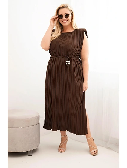 Dámské Plus Size viskózové plisované šaty s vázáním hnědá