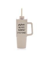 PRÁCE NEUTEČE, KÁVA VYSTYDNE! - béžový cestovní termohrnek s průhledným víčkem 900 ml