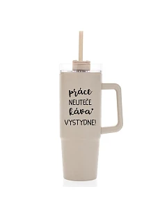 PRÁCE NEUTEČE, KÁVA VYSTYDNE! - béžový cestovní termohrnek s průhledným víčkem 900 ml