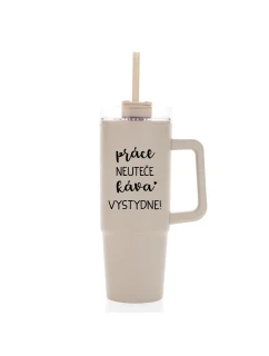 PRÁCE NEUTEČE, KÁVA VYSTYDNE! - béžový cestovní termohrnek s průhledným víčkem 900 ml