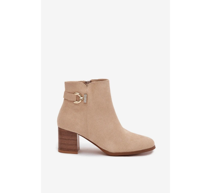 Ocieplane Botki Damskie Na Słupku Ze Złotym Detalem Beżowe Renora Ocieplane Botki Damskie Na Słupku Ze Złotym Detalem Beżowe Renora