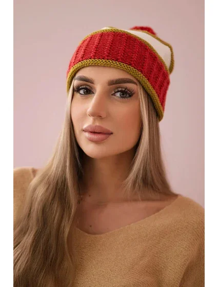 Dámska čiapka Kinga K297 červená+svetlá khaki+ecru Dámska čiapka Kinga K297 červená+svetlá khaki+ecru