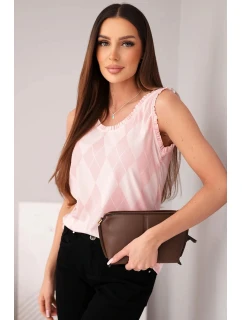 Dámska viskózna blúzka bez rukávov s diamantmi a volánom vo výstrihu púdrovo ružová