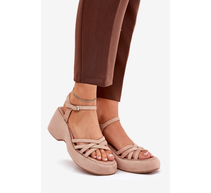 Sandały Na Platformie I Koturnie Z Eko Zamszu Beżowe Nendal Sandały Na Platformie I Koturnie Z Eko Zamszu Beżowe Nendal
