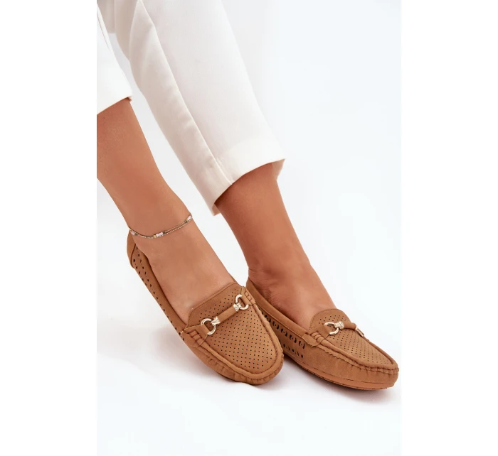 Mokasyny Damskie Ażurowe Z Ozdobą Camel Kaydance