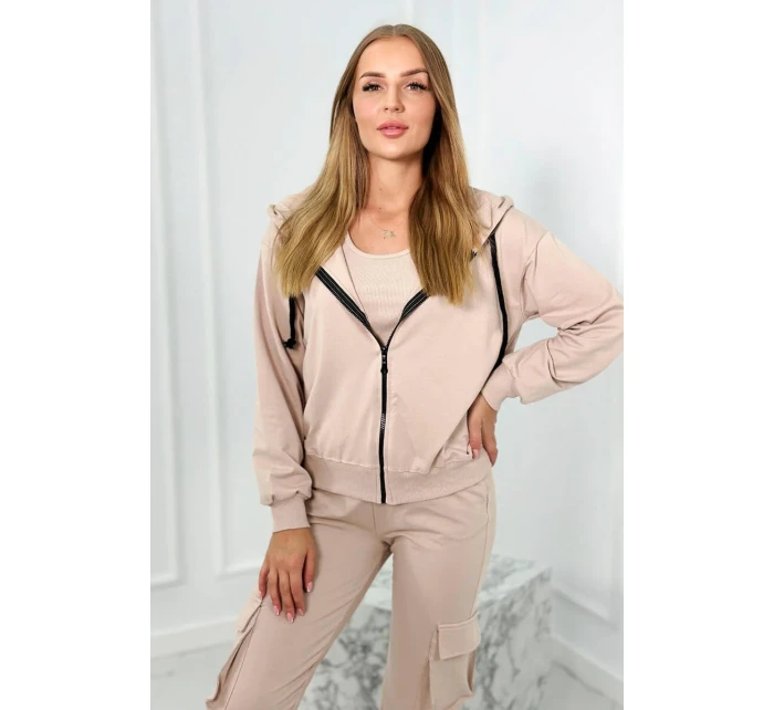 Set 3 v 1 mikina + top + kalhoty světle béžová