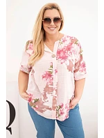 Dámská bavlněná halenka Plus Size s výstřihem do V a květinovým vzorem pudrově růžová Dámská bavlněná halenka Plus Size s výstřihem do V a květinovým vzorem pudrově růžová