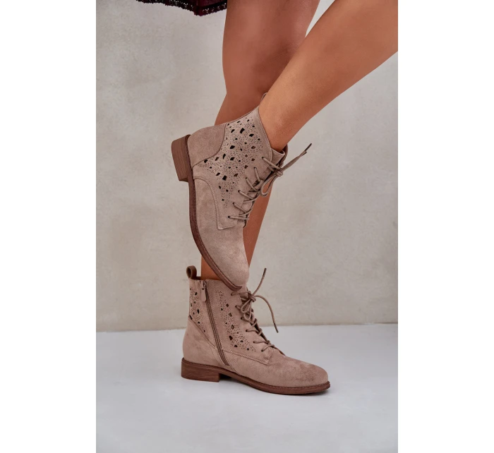 Sznurowane Botki Z Ażurowym Wzorem S.Barski HY51-136 Beżowe