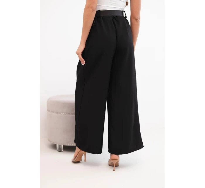 Dámske široké nohavice s opaskom čierne